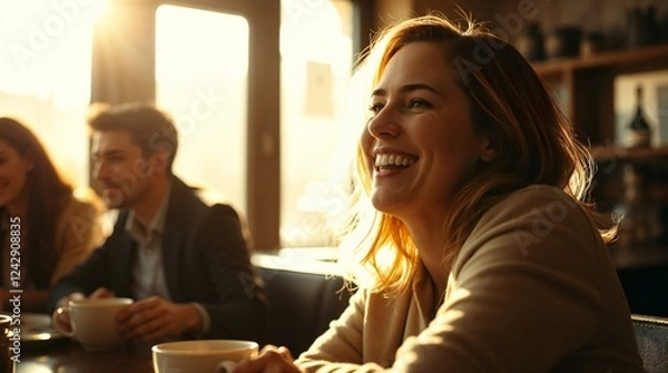 Obraz Fine art photograph in a dramatic cinematic style, warm golden hour lighting. A woman in her 30s with genuine laughter, with friends in a café enjoying coffee.