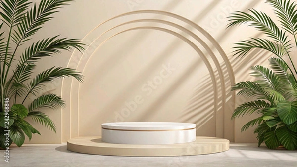 Fototapeta "Elegant Summer Podium Display: Minimalist 3D Stage with Abstract Light and Shadow for Natural Beauty Presentation"