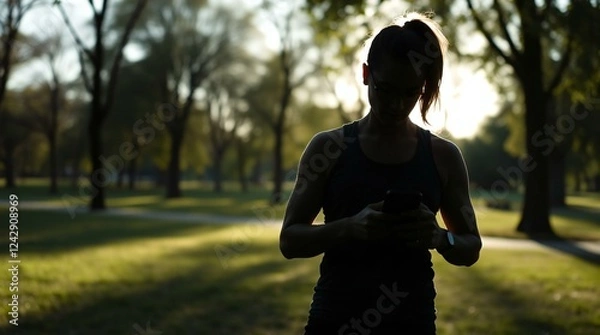Obraz Silhouetted figure of a person in their 30s wearing workout gear, taking a break from running in a park, looking at their phone, with light source behind the subject, a relaxed expression, and nature 