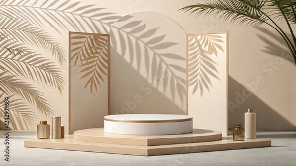 Fototapeta "Elegant Summer Podium Display: Minimalist 3D Stage with Abstract Light and Shadow for Natural Beauty Presentation"
