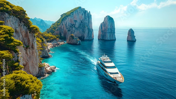 Fototapeta An enchanting scene of Capri, with its famous Faraglioni rock formations jutting out of the sea, a luxury yacht cruising nearby, and lush vegetation covering the cliffs.