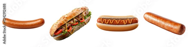 Fototapeta Hot dog sausage isolated on transparent background, PNG, Set of