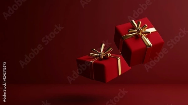 Fototapeta High-end 3D design, floating red gift presentation, golden bow embellishments, luxury product showcase, dramatic shadows, rich burgundy background, professional lighting setup