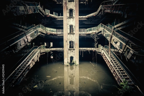 Fototapeta Dramatic view of damaged escalators in abandoned shopping mall sunken by rain flood waters. Apocalyptic and evil concept