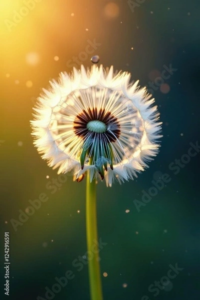 Fototapeta Water droplet falls onto curved dandelion seed surface, space, seeds, detail