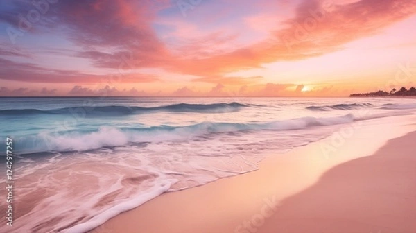 Fototapeta Sunrise over the Cancun beach, soft pink and orange hues casting a serene glow on the tranquil water and palm-lined shore