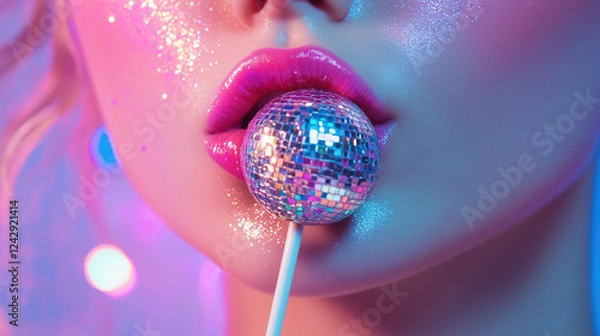 Obraz Shiny Disco Ball Lollipop in a Woman’s Mouth, Neon Glow and Glittery Aesthetic, Generative AI