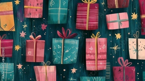 Fototapeta whimsical present collection, vintage inspired palette, modern geometric shapes, hand drawn holiday pattern, teal and mauve accents, retro star motifs, playful gift boxes, textured illustration