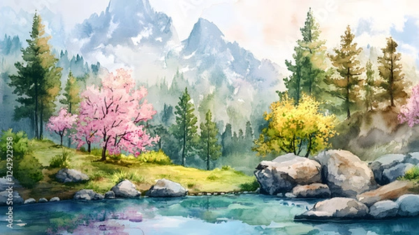 Fototapeta A beautiful watercolor landscape painting of an spring mountain scene with trees, rocks, and a lake. Watercolor illustration of a forest in the spring season. Digital art design for print on canvas.