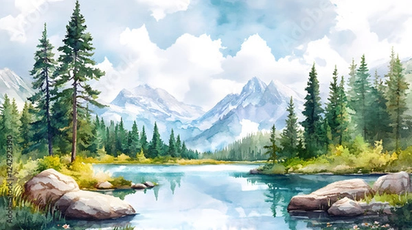 Fototapeta A beautiful watercolor landscape painting of an spring mountain scene with trees, rocks, and a lake. Watercolor illustration of a forest in the spring season. Digital art design for print on canvas.
