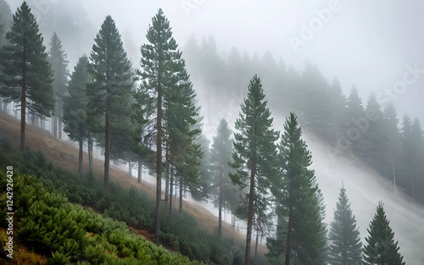 Fototapeta  Tall pine trees on a misty mountain slope