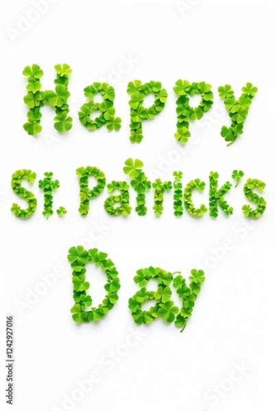 Fototapeta Happy St. Patrick’s Day Typography Composed of Green Shamrocks on a White Background for Festive Greetings