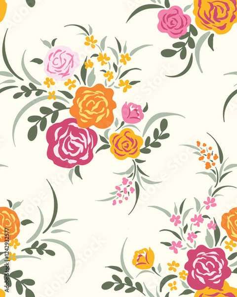 Fototapeta A beautiful and elegant floral pattern featuring colorful roses and lush green leaves. Perfect design for backgrounds, textiles, packaging, invitations, or any other creative project