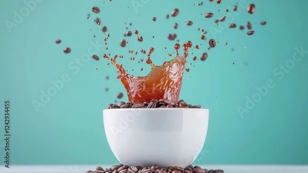 Fototapeta A creative coffee concept featuring a vibrant splash caught mid-air, with a perfect contrast of white ceramic and the rich, dark tones of coffee beans.