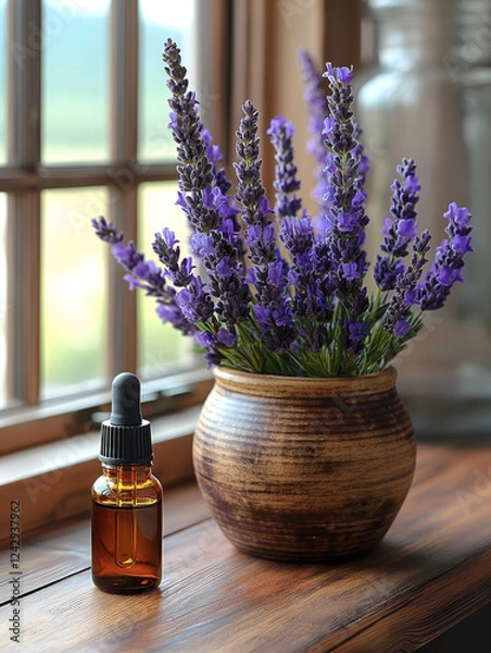 Fototapeta lavender and lavender oil in a glass bottle