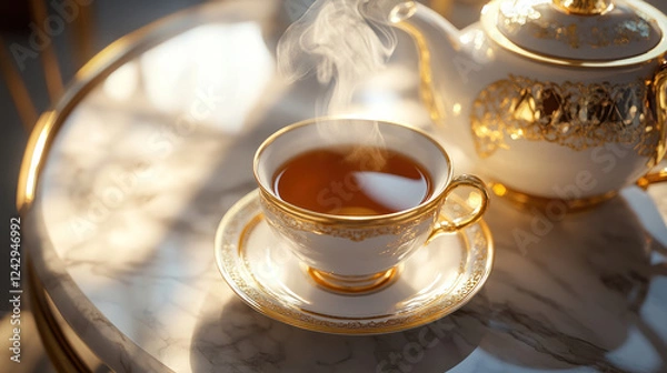 Fototapeta luxurious tea set with intricate gold detailing sits on polished marble table, with steam rising from cup, creating warm and inviting atmosphere
