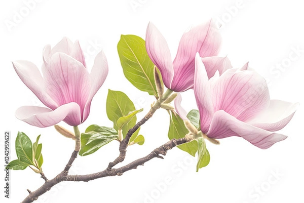 Fototapeta Graceful Pink Magnolia Tree Full Bloom with Lush Green Leaves in Spring