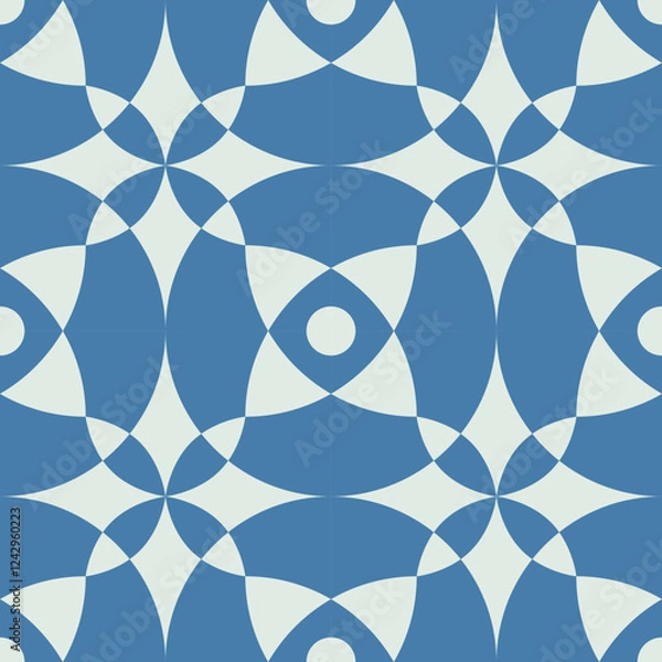 Fototapeta Geometric blue seamless pattern, abstract oriental style vector. Geometry floor tiles design. Moroccan, Spanish and Portuguese azulejos ceramic design.