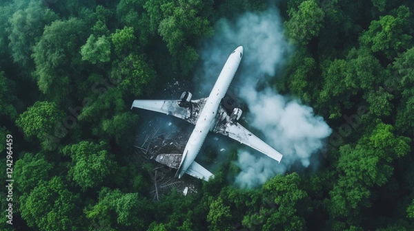 Fototapeta Aerial View of a Crashed Plane in a Dense Forest, Surrounded by Smoke and Debris, with a Small Clearing Visible in the Distance, Emphasize the Wreckage and Dramatic Atmosphere with Natural Lighting