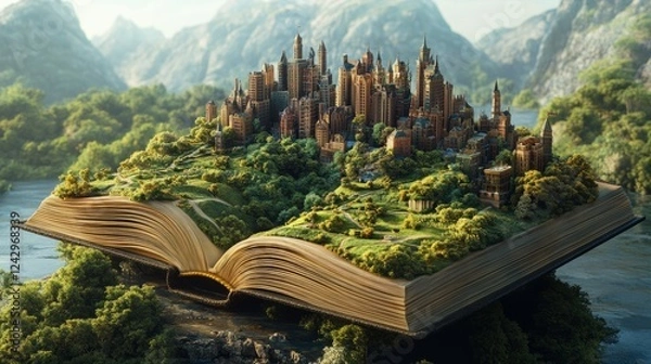 Fototapeta A fantastical moment as a book opens, and 3D meadows, cities, and rolling hills rise from the pages 