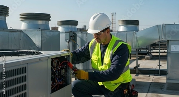 Fototapeta HVAC technician working on rooftop air conditioning unit with safety gear and tools

