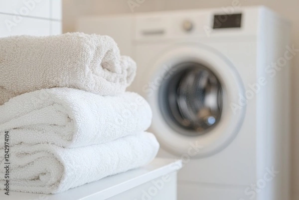 Fototapeta Stack of clean white and beige towels on a countertop with washing machine in the background. Laundry and hygiene concept.