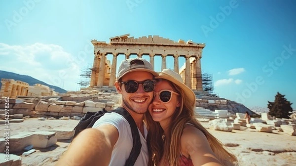 Fototapeta Happy Couple Takes Selfie at Ancient Greek Temple