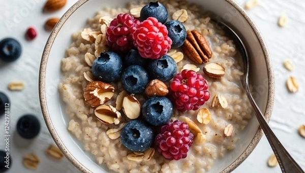 Fototapeta Nutritious oatmeal topped with berries and nuts for a healthy breakfast