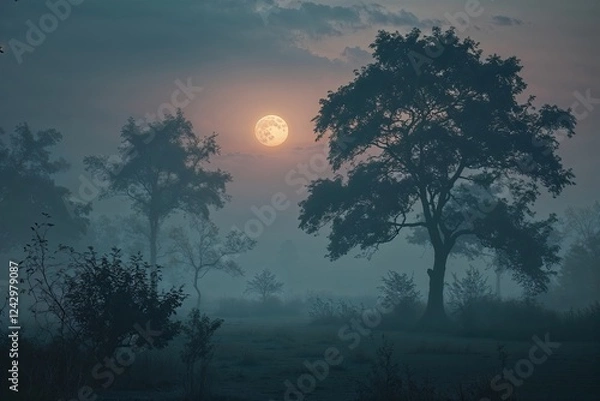 Fototapeta Enigmatic Twilight Atmosphere with Hazy Texture and Tranquil Nature Scene