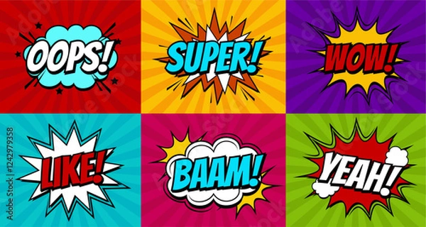 Fototapeta Comic speech bubble vector, comic book sound effect, colorful pop art design with in the shape of an explosion, perfect comic explosion for action theme graphics, design