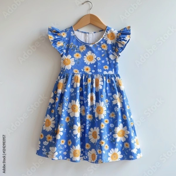 Fototapeta Blue floral dress with flutter sleeves for summer fun