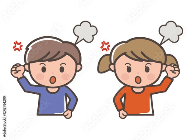 Fototapeta 怒ってゲンコツポーズをする男の子と女の子の上半身イラスト（小学生、幼児、子供）