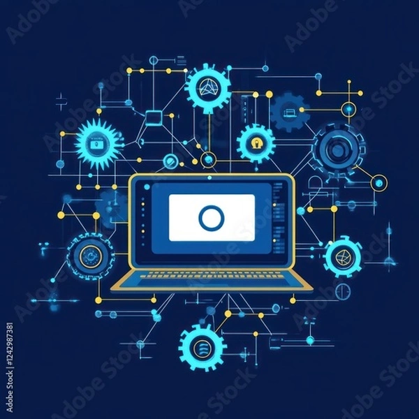 Fototapeta Laptop surrounded by interconnected technical components, suitable for tech concepts
