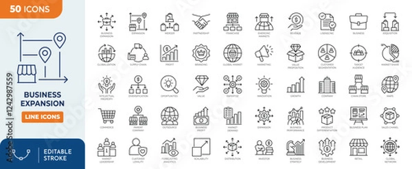 Fototapeta Business Expansion icon set. Contains related icons for growth, Expansion Strategy system in global business network and more. Outline Icon Collection. Vector illustration. Editable stroke