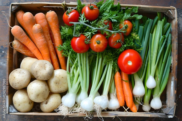 Obraz Photo Fresh Vegetables Carrots Tomatoes Potatoes Onions Produce Crate