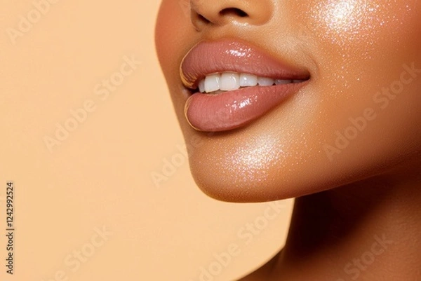 Fototapeta A close-up of a beautifully illuminated smile, showcasing glossy lips against a warm, peachy background, highlighting healthy skin.