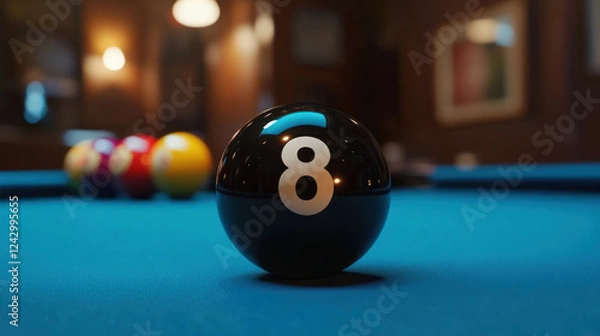 Obraz shiny black number 8 billiard ball is centered on pool table, with colorful balls blurred in background, creating focused and dramatic atmosphere