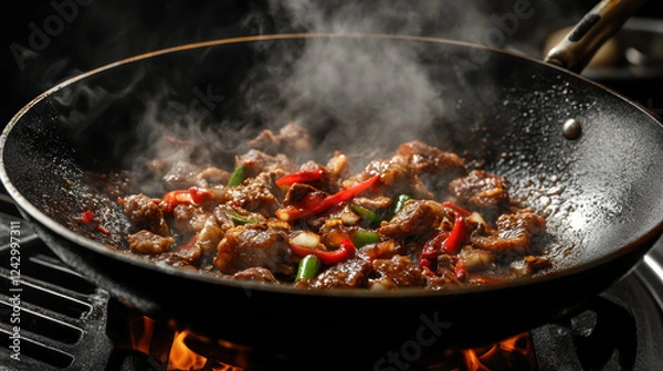 Obraz sizzling stir fry of meat and vegetables in wok, with steam rising from dish, showcases vibrant colors and textures. dish includes red and green peppers, adding fresh and spicy aroma