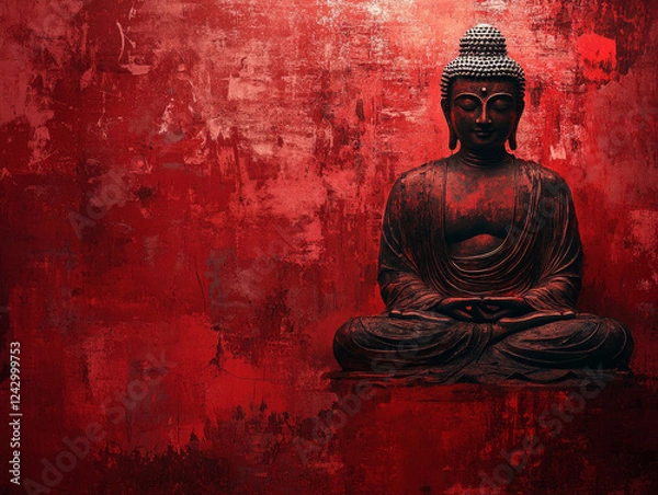 Fototapeta Buddha statue on red textured background, serene atmosphere and spiritual essence