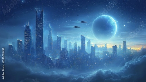 Fototapeta Grand Space Hub, surrounded by cosmic structures, evokes a floating city in space