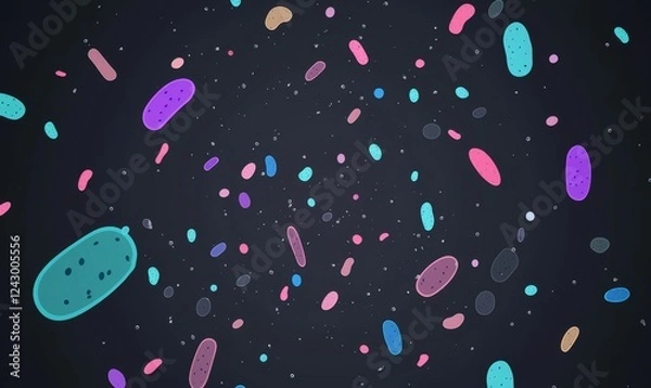 Fototapeta On an abstract background, a macro image of a variety of microbes, including virus cells and bacteria
