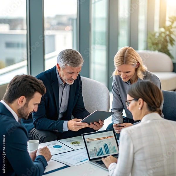 Obraz A business meeting in an upscale African office space, where financial advisors are analyzing a company's online revenue and equity research. A tablet with real-time stock market data is at the center