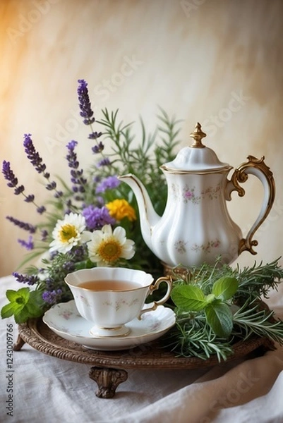 Obraz Elegant tea setting with vintage teapot and fresh herbs in a floral arrangement during a tranquil afternoon