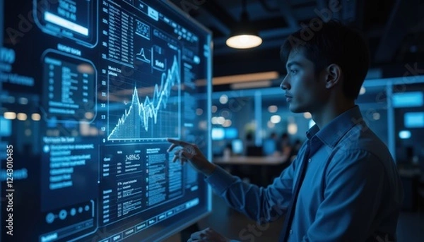 Fototapeta Young Professional Analyzing Data Trends on Digital Screen at Night