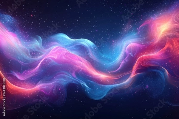 Fototapeta A neon-colored gradient wave of futuristic hi-tech waves and dots, with pixel particles flying and a glowing effect, set against a blurred background