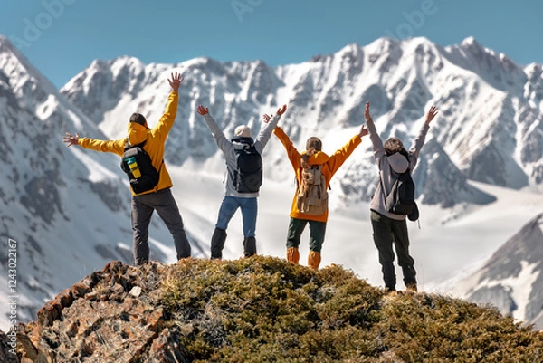 Obraz Group of happy young friends hikers are standing with open arms high in mountains against snow ridge with glacier