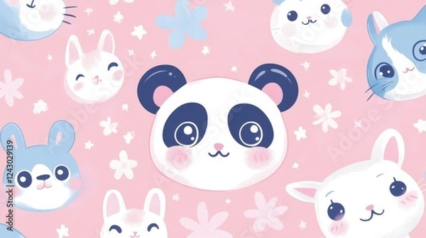 Obraz Cute cartoon animals featuring pandas and bunnies on pink background whimsical design
