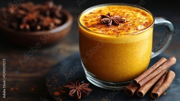 Obraz Delicious Golden Milk With Spices Served in a Clear Mug. Generative AI