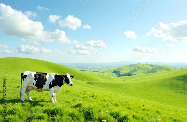 Fototapeta Holstein cow on a lush green pasture. A horizontal photograph of a black-and-white Holstein cow standing on a green hill under a bright blue sky with scattered clouds. 