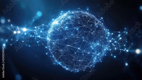 Fototapeta Abstract representation of a blue sci-fi Earth connected by intricate lines and particles showcases the global technology network and the interplay of artificial intelligence in cybersecurity